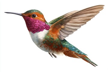 Obraz premium Hand-drawn illustration of a hummingbird Colubris archilocus showcasing its vibrant colors and intricate details in flight near a flowering plant in a natural habitat