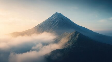 Majestic volcano peak above clouds at sunrise