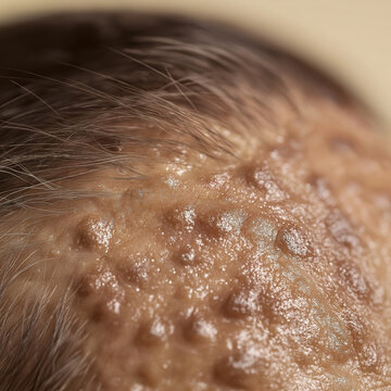 Close-up of scalp with pustular skin condition