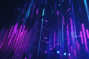 Series of purple bars. Concept of stock market and fintech data analysis. Blue and violet digital bar charts over dark blue background.
