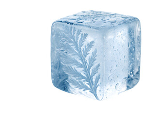 A single clear ice cube with frosty details on a black background