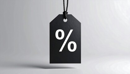 Black price tag with percentage symbol hangs from string (1)