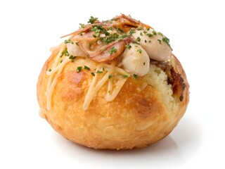 Savory bread bowl topped with melted cheese and herbs