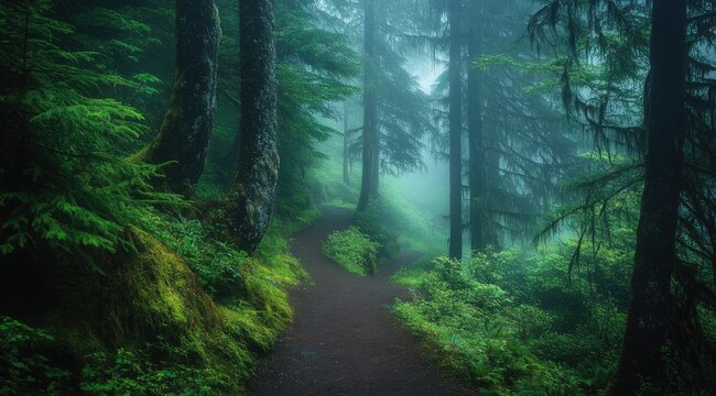 Misty forest path winding through lush greenery (6) - Powered by Adobe