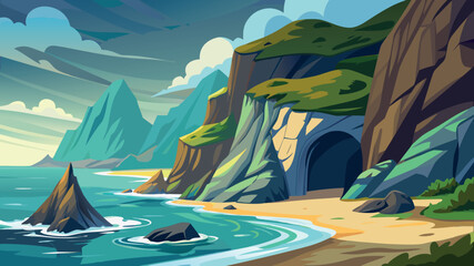Fototapeta premium Serene coastal landscape with cliffs, waves, and a rocky beach during the daytime