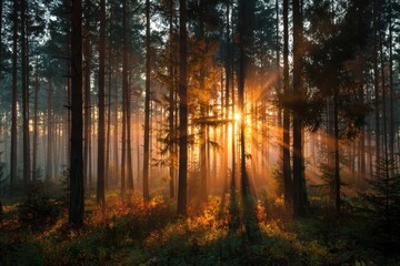 Fototapeta premium Sunrise illuminates foggy forest with rays of sunlight piercing through tall trees and vibrant undergrowth