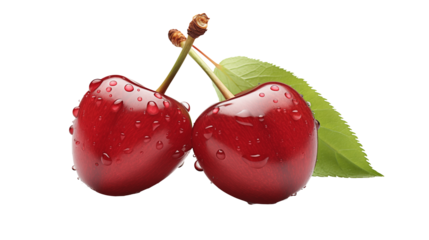 Juicy ripe cherries glistening with fresh water droplets a summertime treat for healthy eating isolated on white or transparent png.