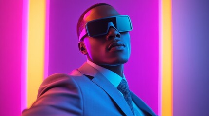 A sophisticated individual poses confidently in a stylish suit. Neon lights create an electric atmosphere enhancing the modern vibe. Elegance meets technology. Generative AI