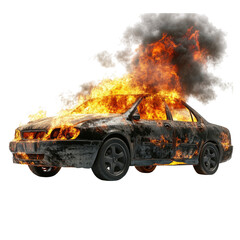 Obraz premium Burning Black Sedan Car engulfed in Flames isolated on a transparent background burning car