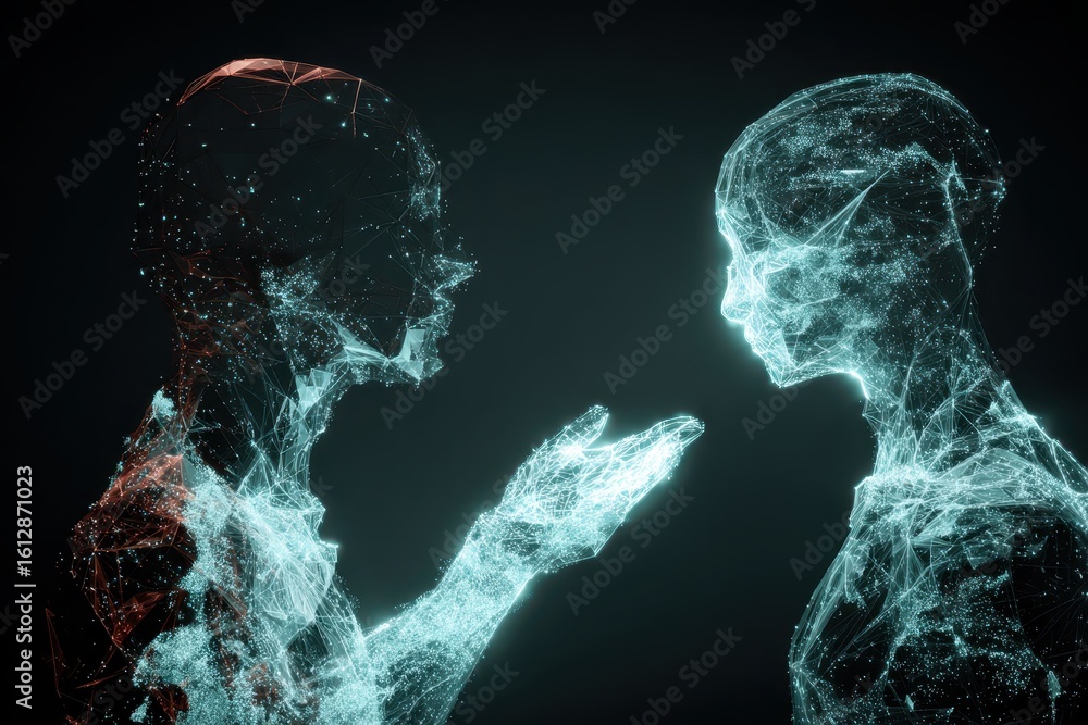 Poster hologram representation of agentic autonomy in a futuristic dialogue between two digital figures con