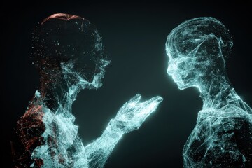 Hologram representation of agentic autonomy in a futuristic dialogue between two digital figures conveys exploration of identity and human-like interaction