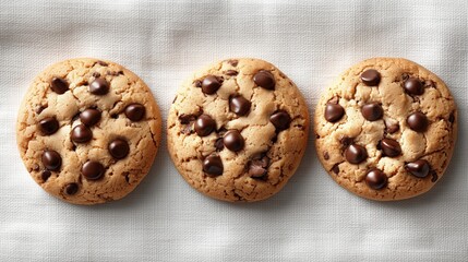 Three chocolate chip cookies arranged on a light fabric surface. The cookies are round, golden brown, and topped with dark chocolate chips.