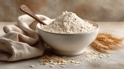 White ceramic bowl filled with flour, wooden spoon, beige cloth, and wheat stalks on a light surface, baking ingredients concept.
