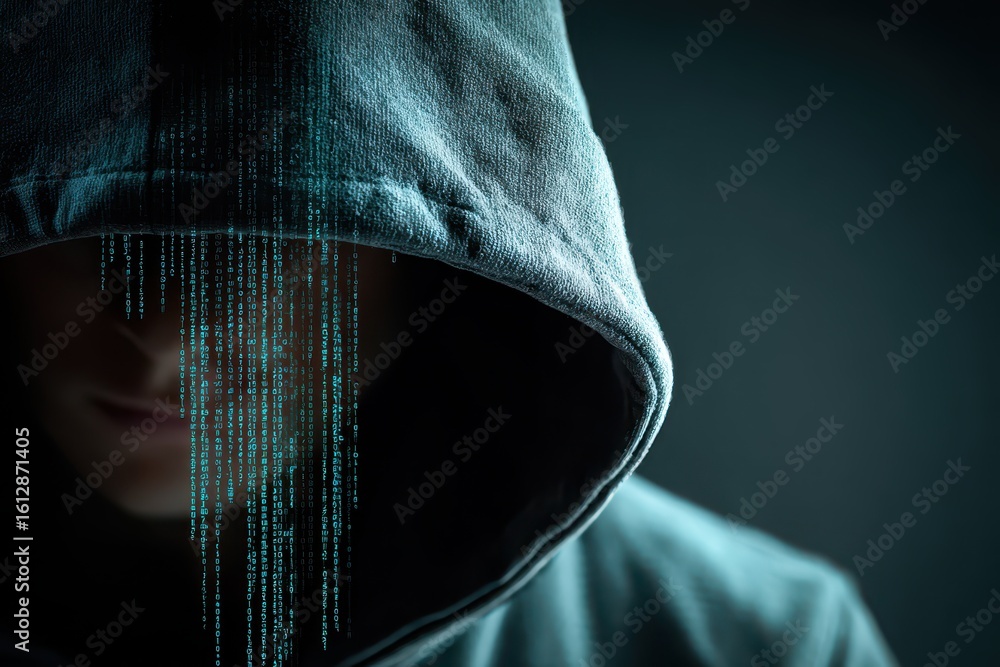 Poster professional hacker in a hoodie conceals identity while focused on digital activity in a dark enviro
