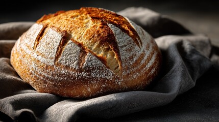 A freshly baked round sourdough bread with a golden crust, resting on a dark cloth. The bread has distinct scoring patterns on top.