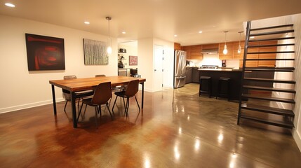 Fototapeta premium Spacious modern home with dining, kitchen, and staircase. Polished concrete floor, art on walls