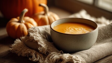 A bowl of creamy pumpkin soup sits on a textured cloth. Small pumpkins are placed nearby, creating a cozy autumn atmosphere.