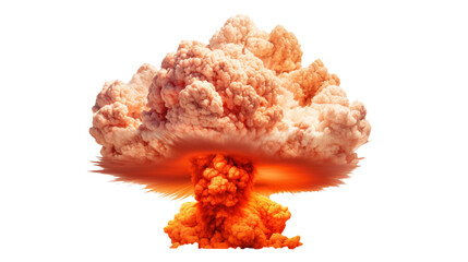 Powerful mushroom cloud explosion with vibrant orange hues conveys destruction and impactful force during conflict isolated on white or transparent png.