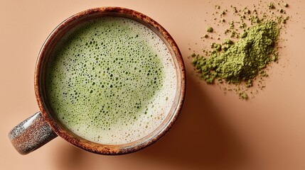 A rustic ceramic mug filled with green matcha tea sits beside a pile of matcha powder on a beige surface. The drink appears frothy and vibrant in color.
