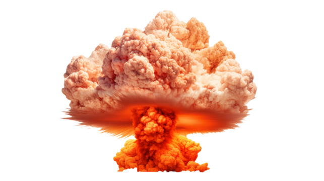 Powerful mushroom cloud explosion with vibrant orange hues conveys destruction and impactful force during conflict isolated on white or transparent png.