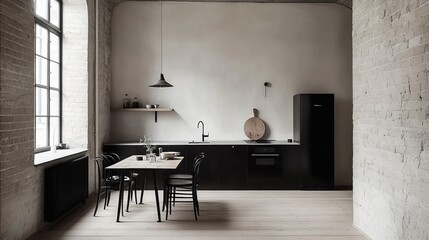 Minimalist kitchen black cabinetry, table, chairs, brick wall, window, fridge, chopping board