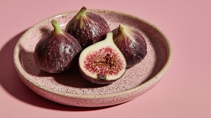 A plate with fresh figs, including whole figs and one cut in half, showcasing its pink interior and seeds. The background is a soft pink color.