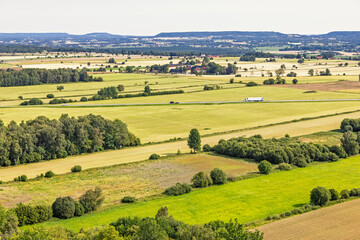 Naklejka premium Patchwork landscape with traffic on a country road in the summer
