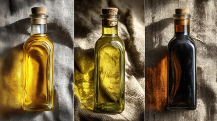 Three glass bottles of different oils on a textured fabric background. The oils are yellow, green, and dark brown, showcasing their distinct colors and textures.