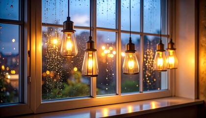 Cozy Window View Warm Bulbs Illuminate Rainy Evening City Scene.