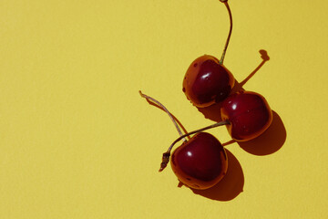 Three shiny red sweet cherries, adorned with water droplets, are placed on a bright yellow...