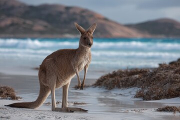 Kangaroo exploring the shoreline at Lucky Bay surrounded by pristine waters and rolling hills during a serene afternoon