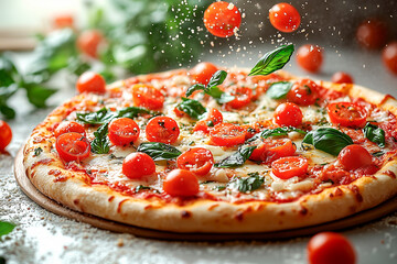 A delicious pizza topped with vibrant cherry tomatoes and fresh basil leaves sits on a wooden board, sprinkled with herbs, exuding warmth and flavor.