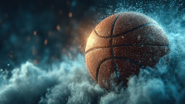 Basketball spinning on a court surrounded by mist and dramatic lighting during a night game