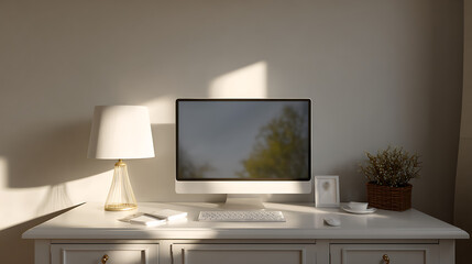 A modern computer setup sits on a white desk with a lamp and decorations