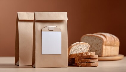 Two paper bags with blank labels sit beside sliced and whole loaves of bread on a light wood surface against a brown backdrop