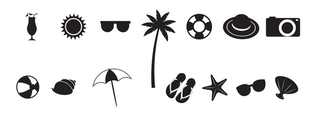 A collection of black icons on a white background showcases summer and beach-themed elements