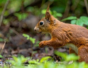 Fototapeta premium Red squirrel foraging in undergrowth