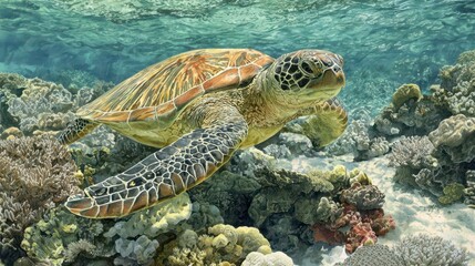 Fototapeta premium Sea turtle swimming amongst coral reefs.