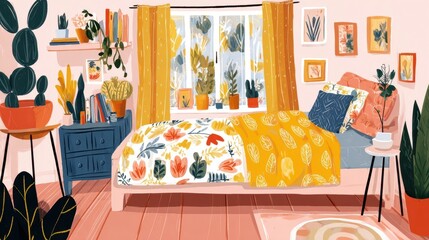 A cozy bedroom with vibrant floral and foliage patterns.