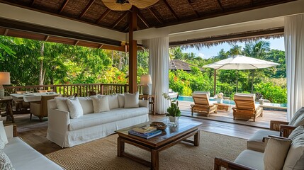 Luxury open-air living room with view of pool, greenery, and outdoor seating