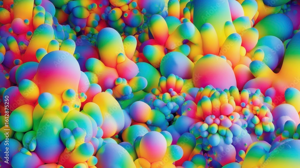 Poster abstract rainbow shapes in a clustered arrangement.