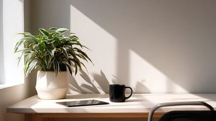 A plant, coffee cup, and tablet on a desk bathed in sunlight