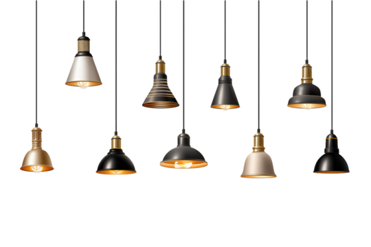 Stunning collection of modern pendant lights, ideal for interior design projects and stylish home decor isolated on white or transparent png.