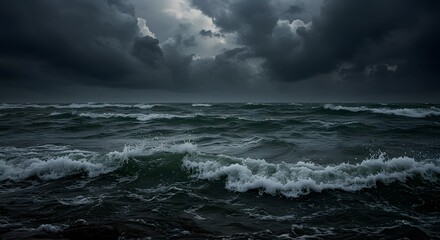 Dramatic Seascape: Turbulent Waves Under Ominous Dark Storm Clouds