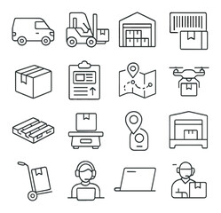 Logistics and delivery icon set illustrating transportation and supply chain elements © MykolaIhor