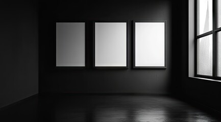 Three framed, blank canvases on dark walls, dimly lit room