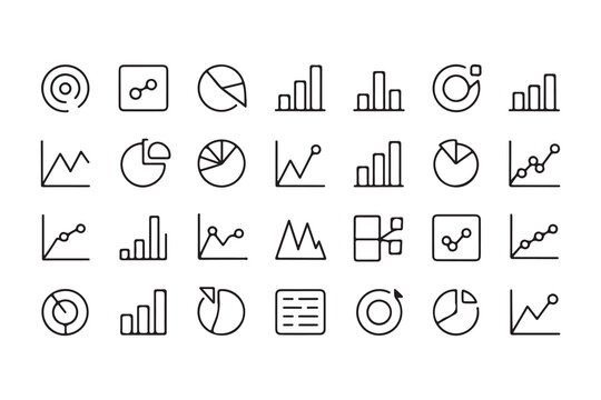 Collection of various business charts and diagrams in outline style depicting data analysis and presentation for corporate reports and marketing strategies