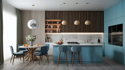 Modern kitchen and dining area with blue island and wooden cabinets