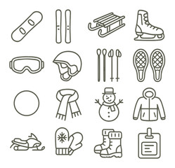 Winter sports icons set: snowboarding, skiing, ice skating, snowman, winter gear