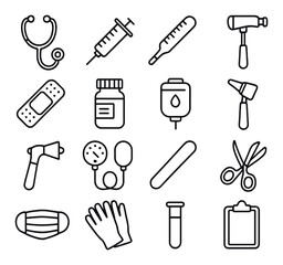 Medical equipment icons: stethoscope, syringe, thermometer, scalpel, mask, gloves, medicine